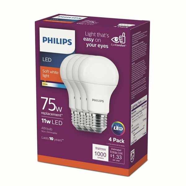 Brilliantbulb 75 watt Equivalence A19 E26 Medium LED Bulb, Soft White, 4PK BR3328391